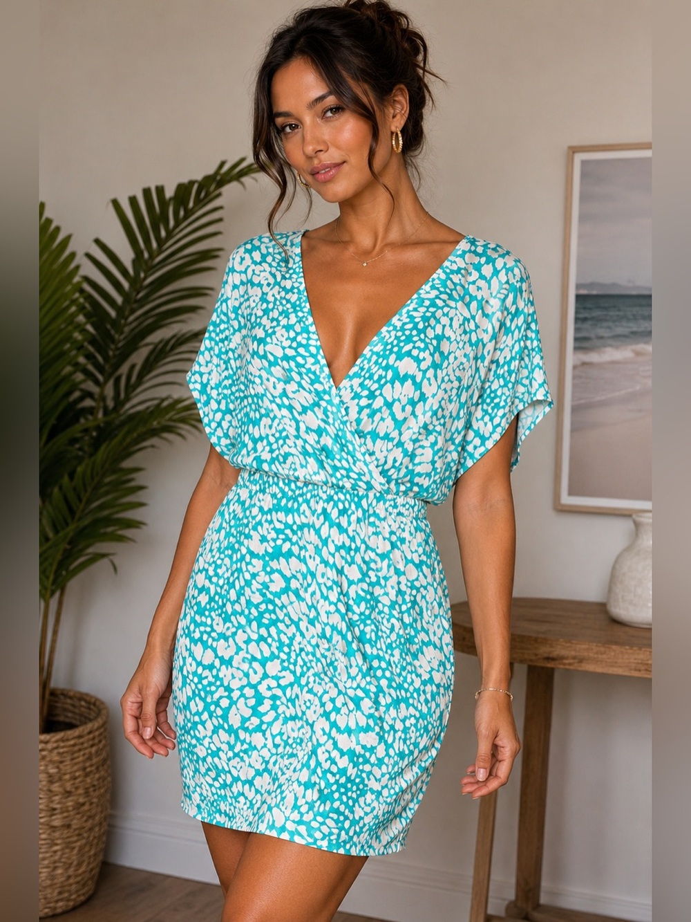 TART NWOT Aqua & White Abstract Print Surplice Mini Dress Size Small